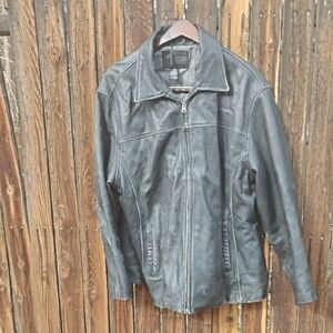 George Men's Dark Leather Biker Jacket All Black Polyester Insulated Inside XL